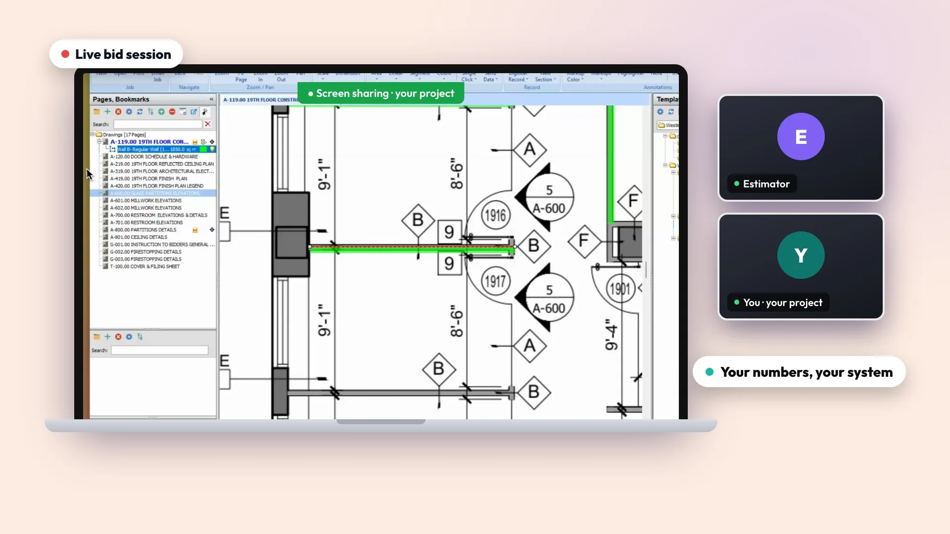 Live drywall estimating session on screen share in PlanSwift